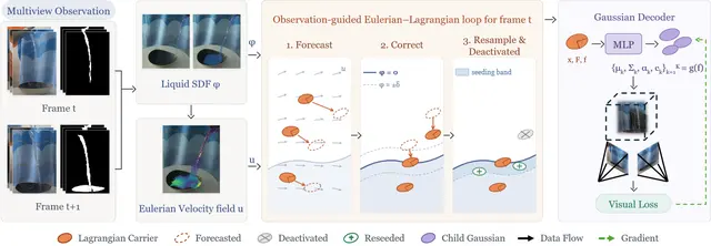 Pipeline: multi-view masks of frames t and t+1 are fused into a liquid SDF and an Eulerian velocity field; an observation-guided loop forecasts Lagrangian carriers along the flow, corrects them against the SDF and resamples the seeding band; a Gaussian decoder turns each carrier into child Gaussians