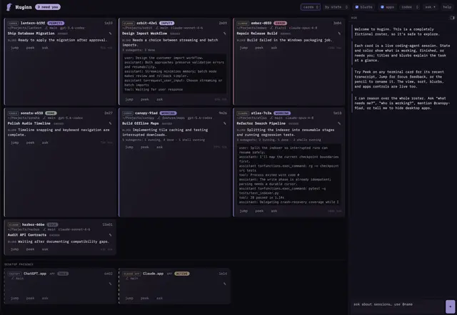 Huginn dashboard showing a fictional busy agent roster