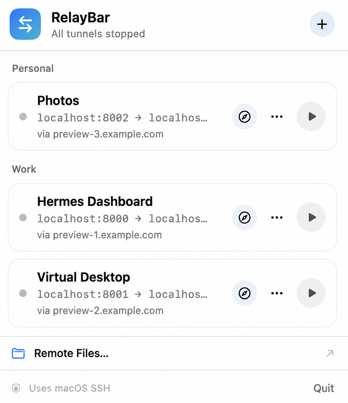 RelayBar showing saved SSH forwarding profiles grouped into Personal and Work sections