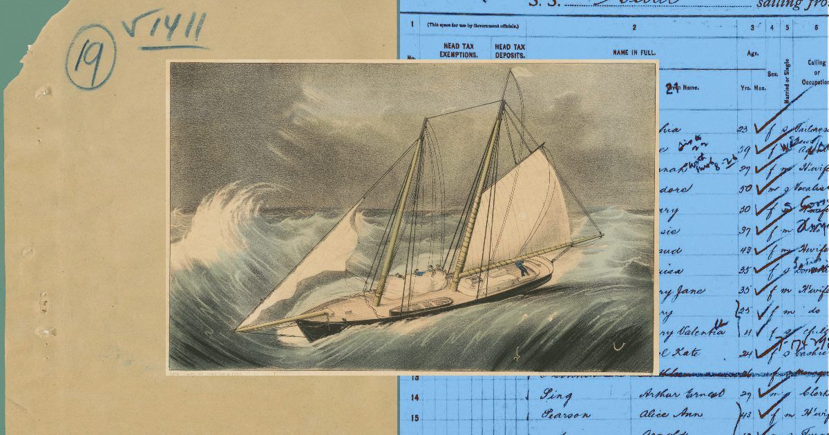 Collage of a vintage lithograph of a schooner heeling in a stormy sea, layered over an aged paper folder and a blue-tinted handwritten ship passenger list.