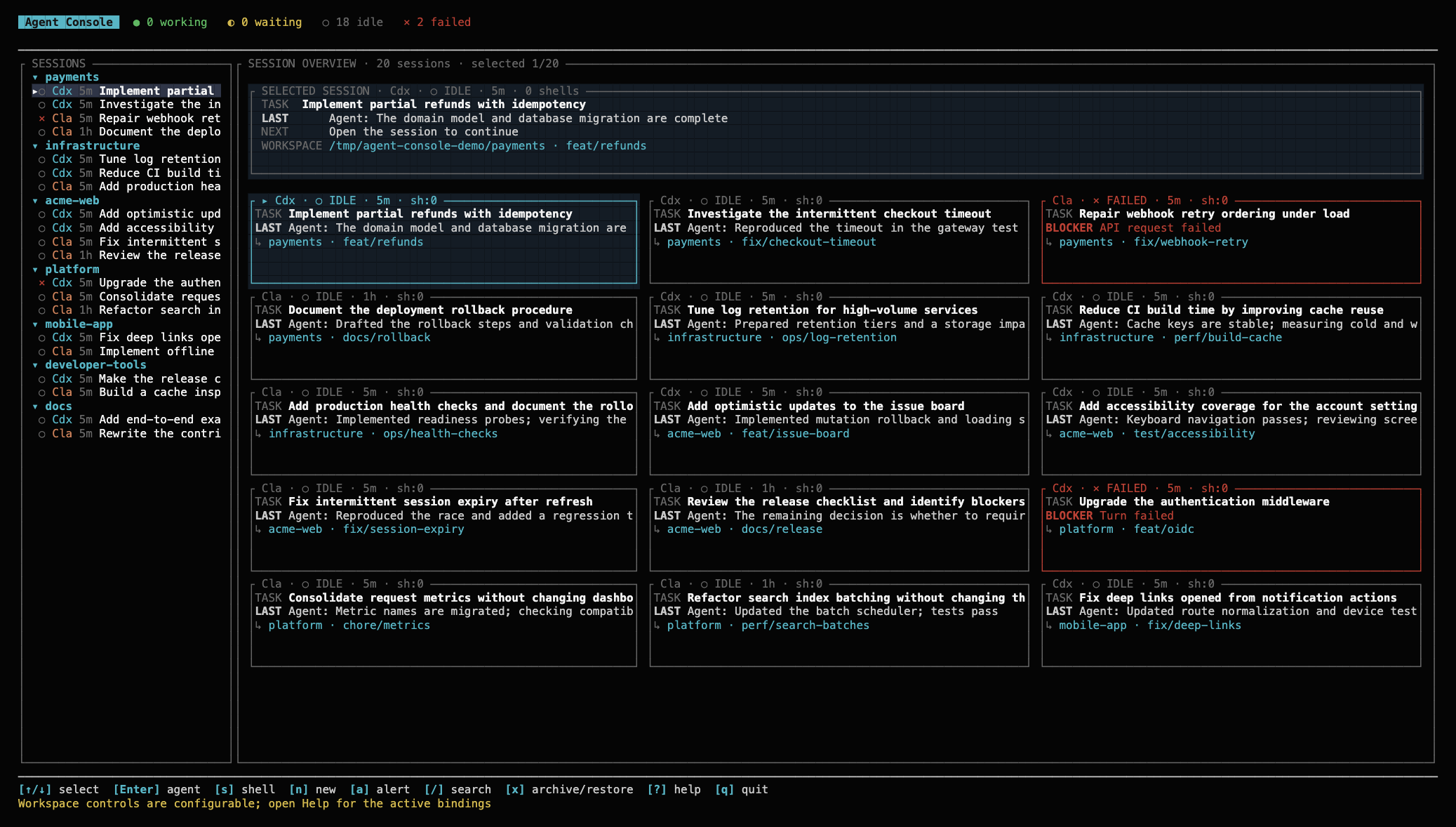 Screenshot of the Agent Console dashboard