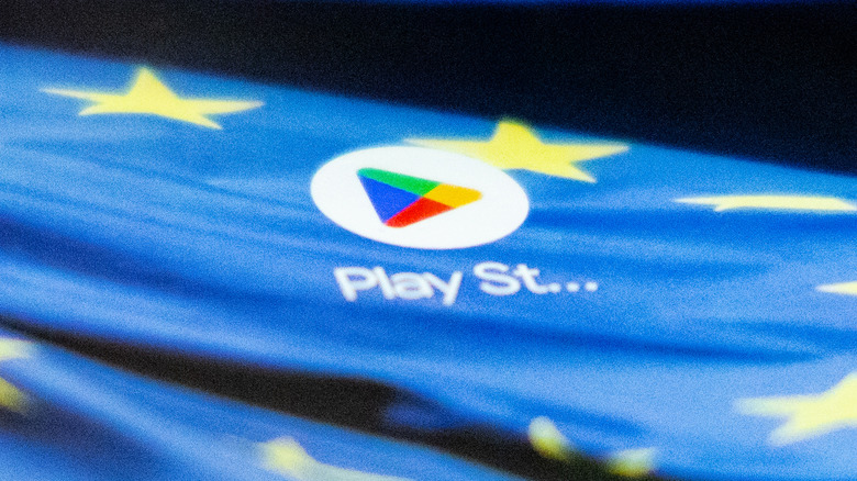Google Play Store logo against a European flag