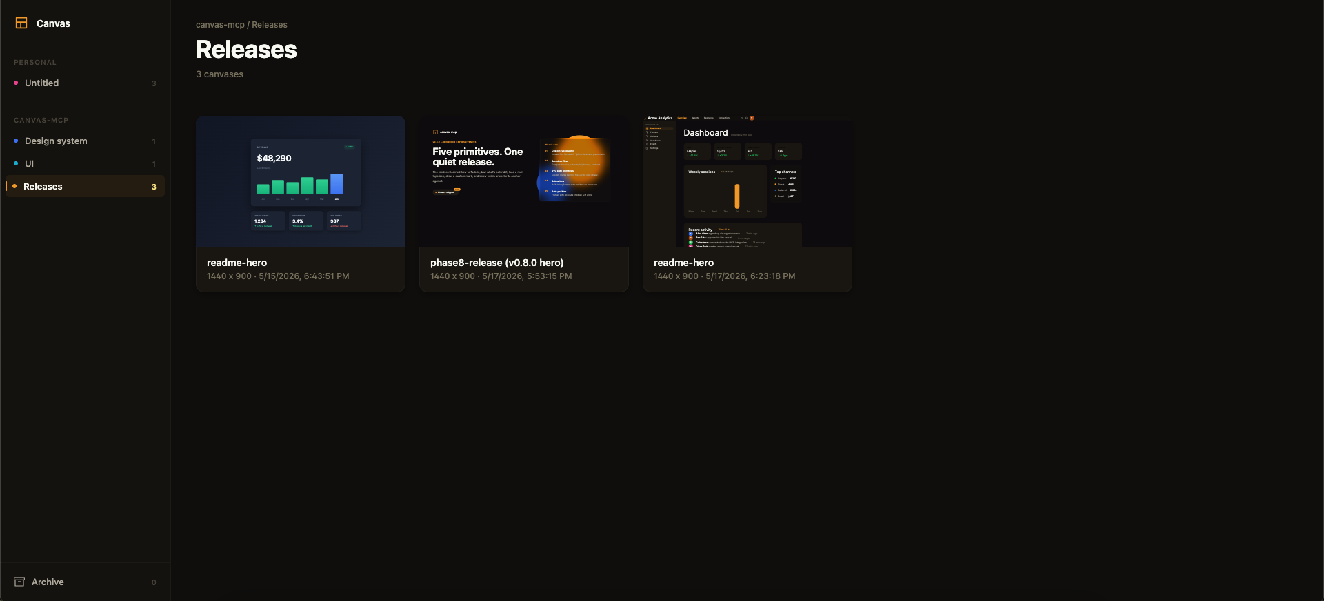 Dashboard showing workspaces and canvas thumbnails