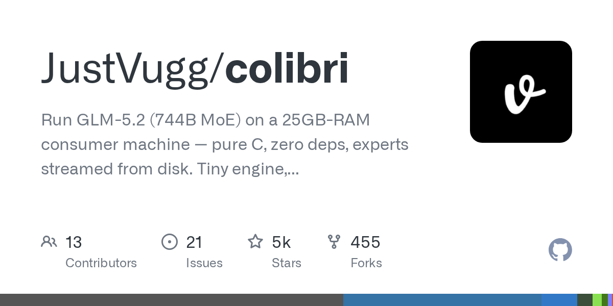 GitHub - JustVugg/colibri: Run GLM-5.2 (744B MoE) on a consumer machine