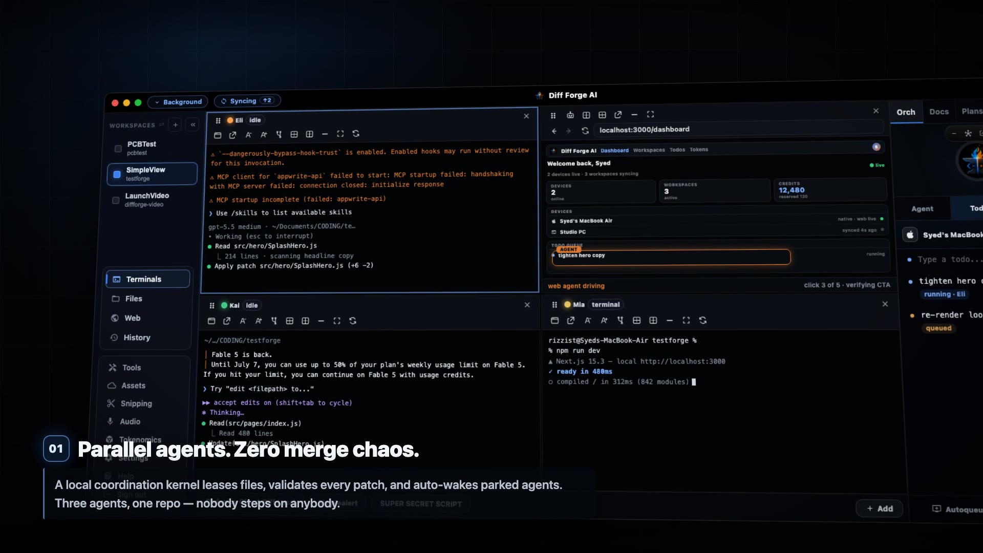 Diff Forge AI desktop app running three coding agents in parallel