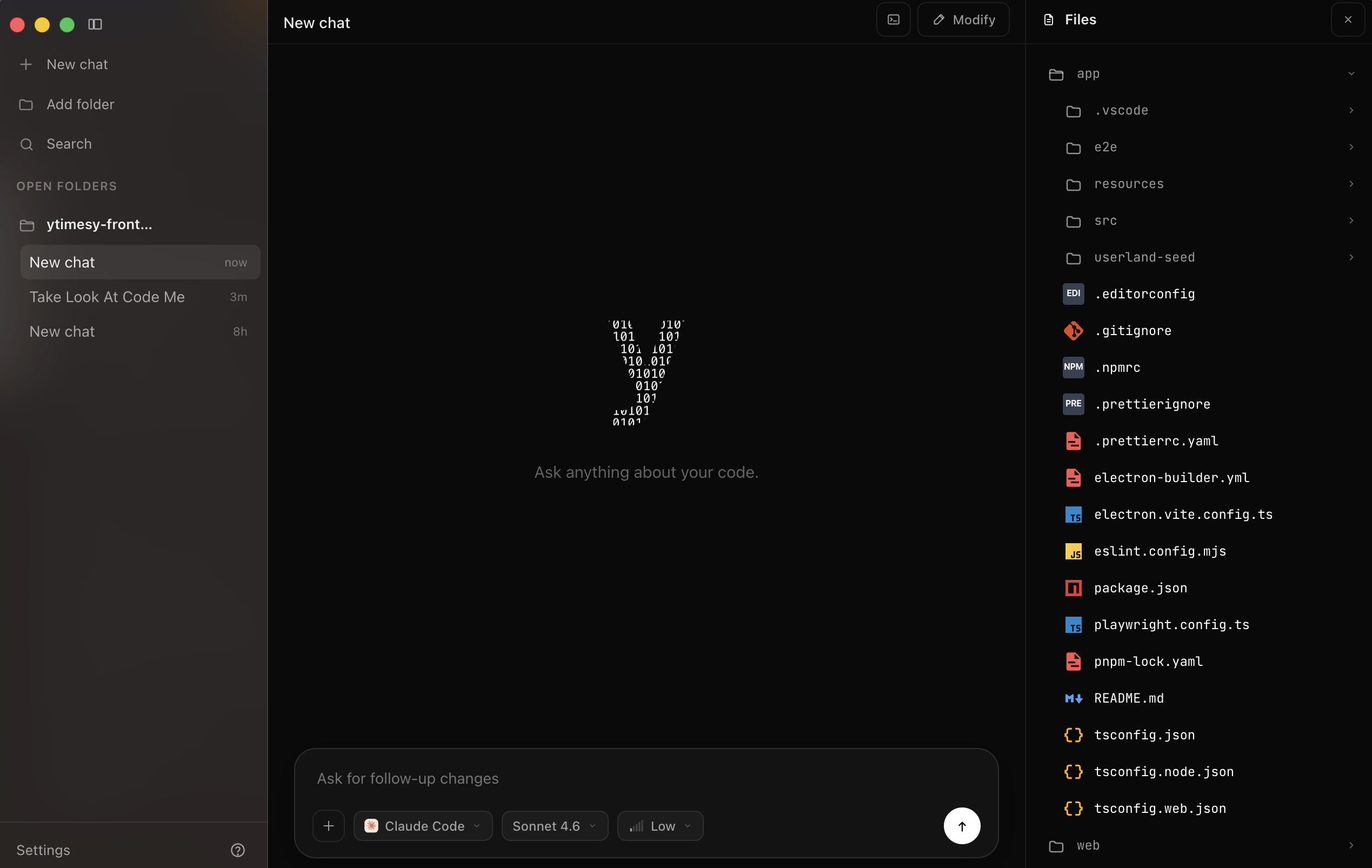 y desktop app showing a chat-first coding workspace
