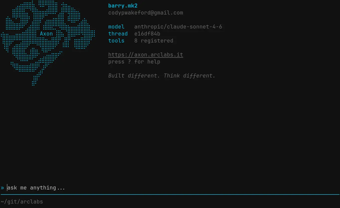 Axon TUI clean landing screen showing the Axon braille logo, connected agent name, model, thread ID, and registered tool count