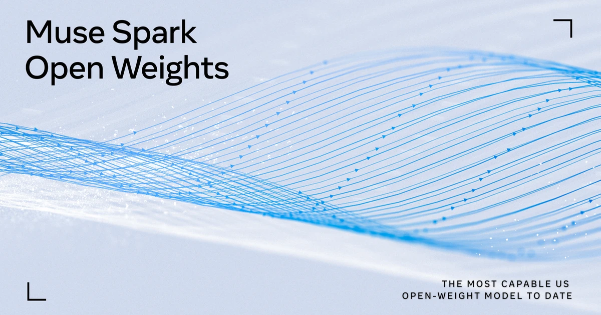 Muse Spark Open Weights artwork with blue lines flowing across a pale surface and the caption 'The most capable US open-weight model to date'.