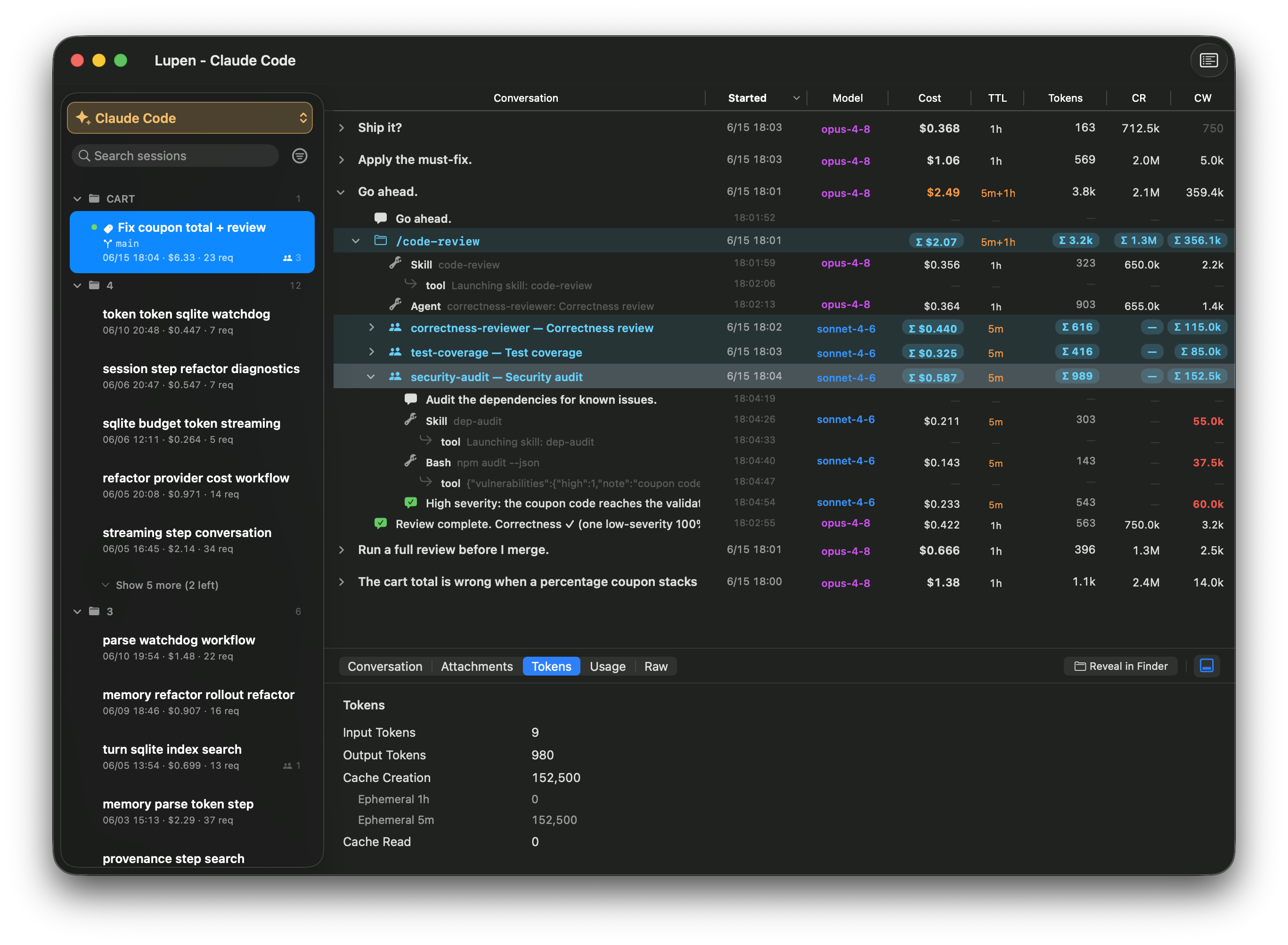 Screenshot showing itemized cost breakdown in Lupen