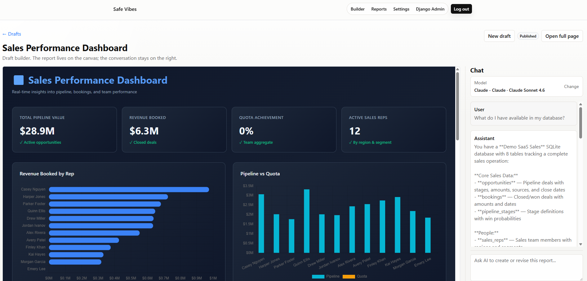 Safe Vibes builder showing a generated report preview and AI chat sidebar