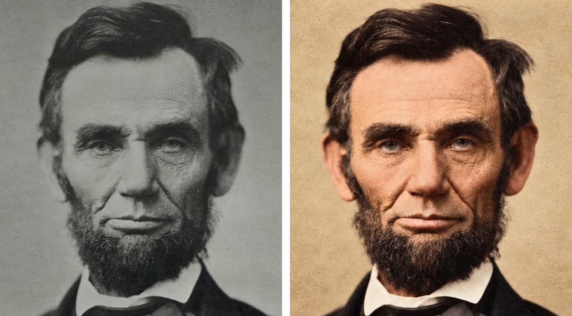 Lincoln's 1863 portrait and an edit that colourised and restored it, side by side at the same scale