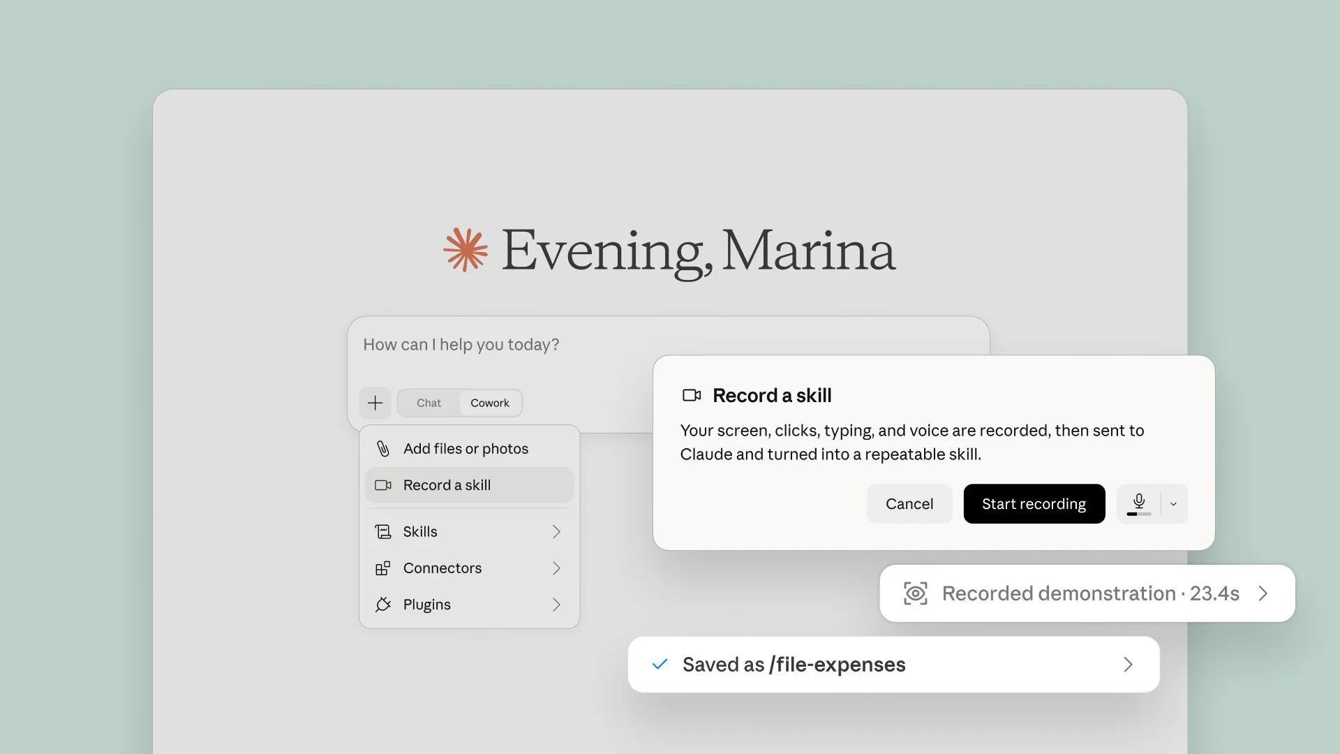 Screenshot of Claude desktop app showing skill recording feature