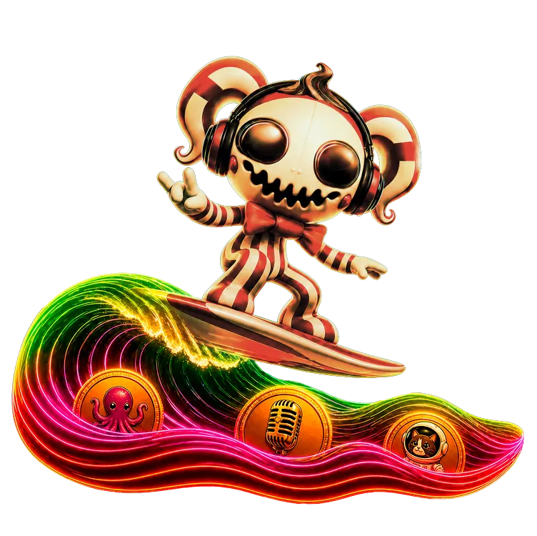 Mascot surfing on a colorful AI wave