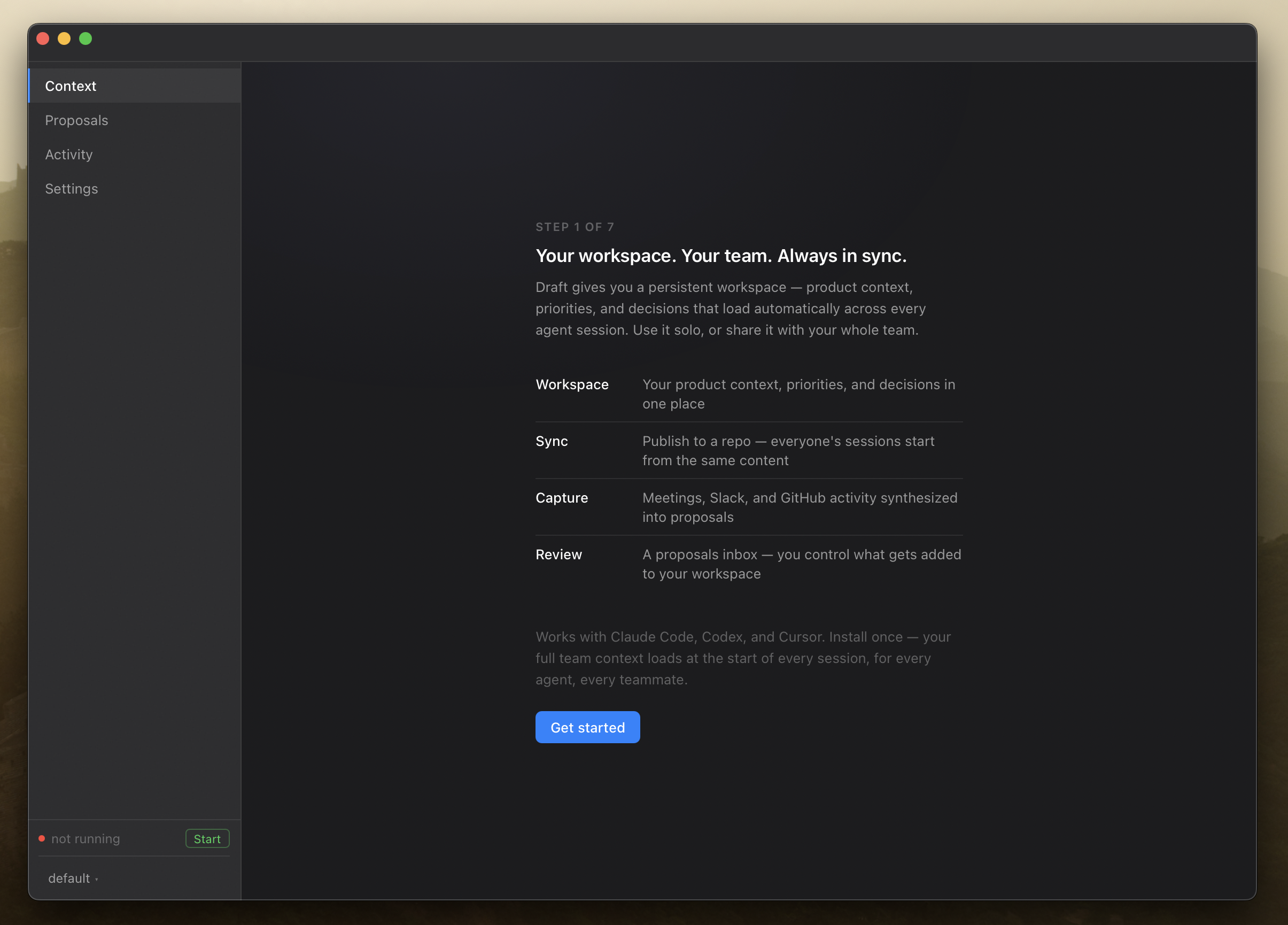 Screenshot of the Draft app onboarding process