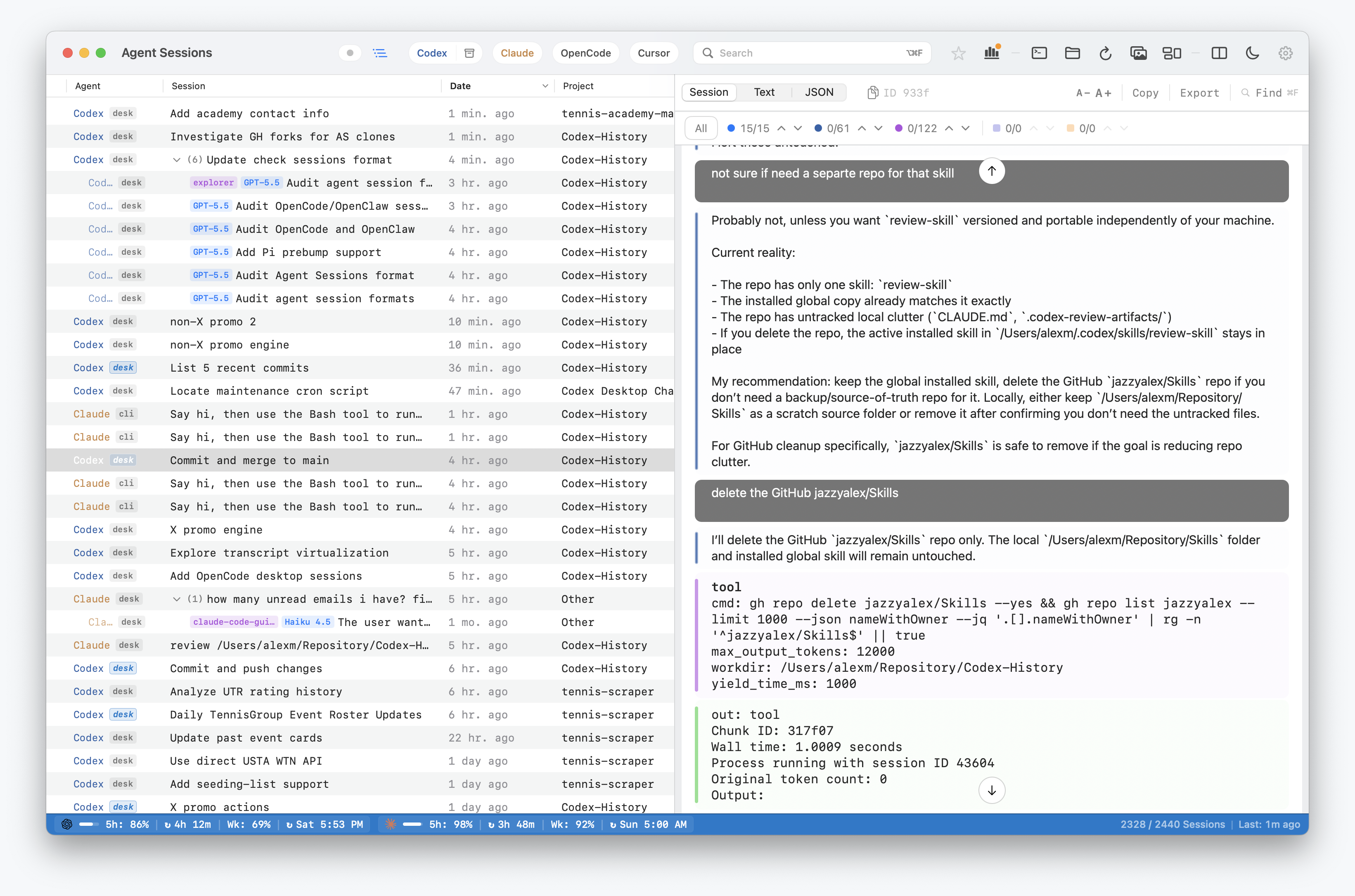 Show HN: Agent Sessions – local history and a live quota meter for Codex/Claude
