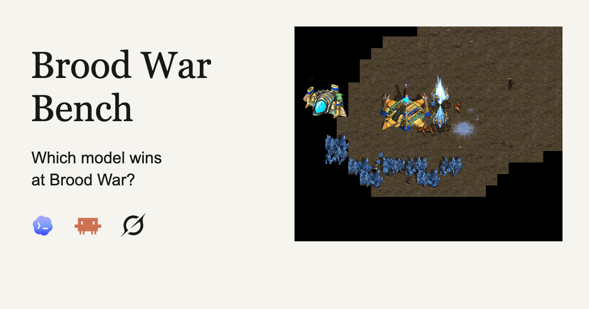 Brood War Bench. Which model wins at Brood War? Codex, Claude Code, and Grok logos alongside a recorded Protoss battle.