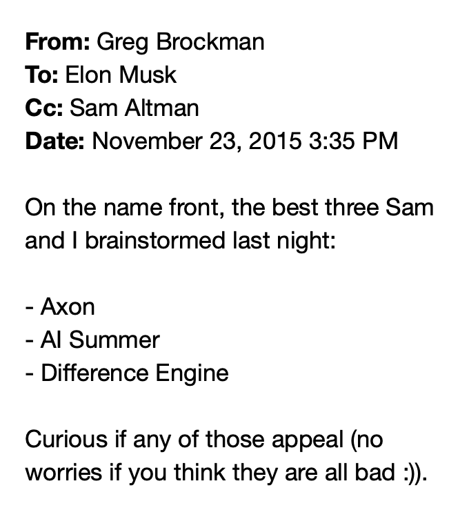 Screenshot showing the email exchange about naming OpenAI
