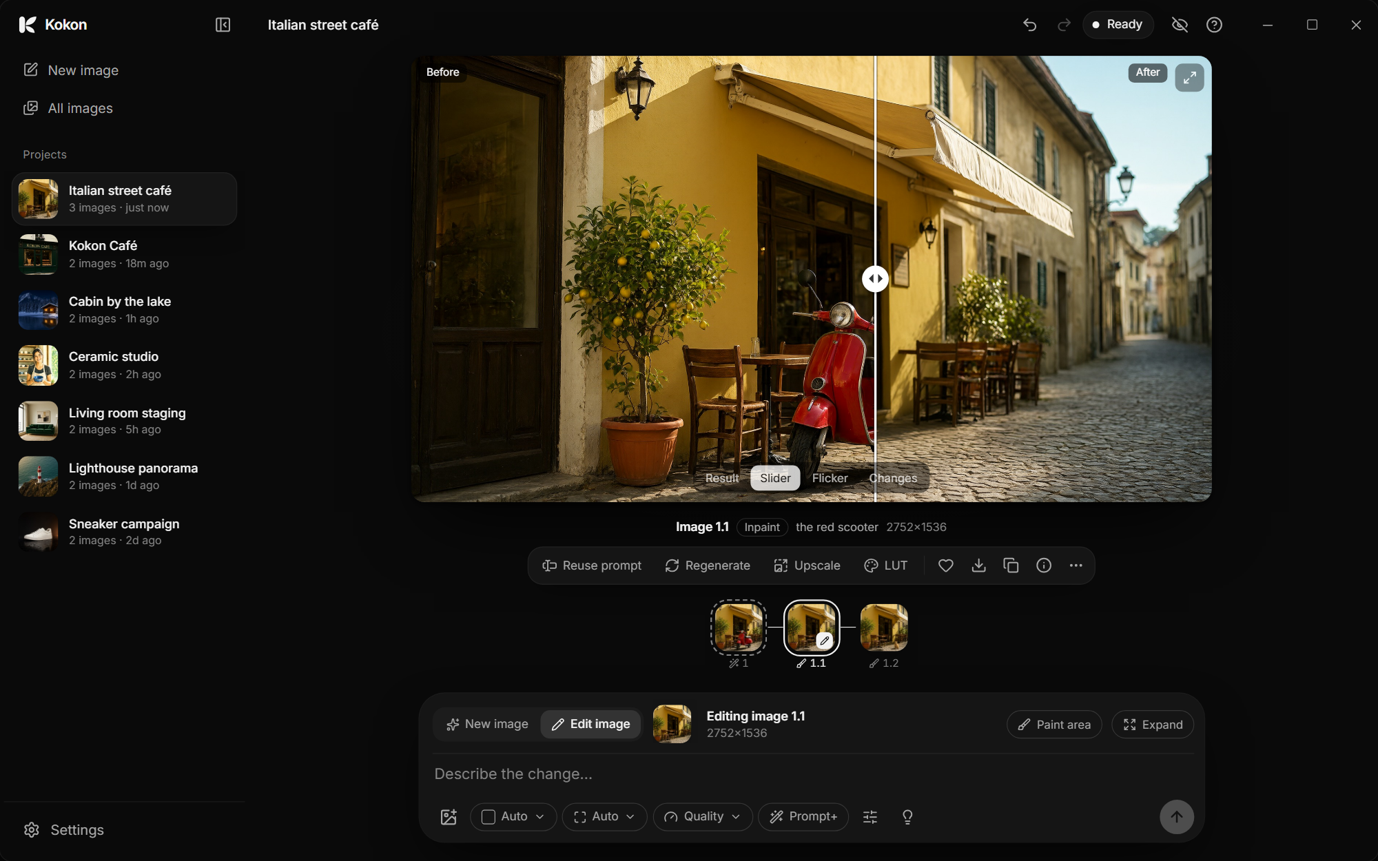 The Kokon window: an Italian street café where a red scooter was removed, shown with the before/after slider, the version tree and the edit prompt box