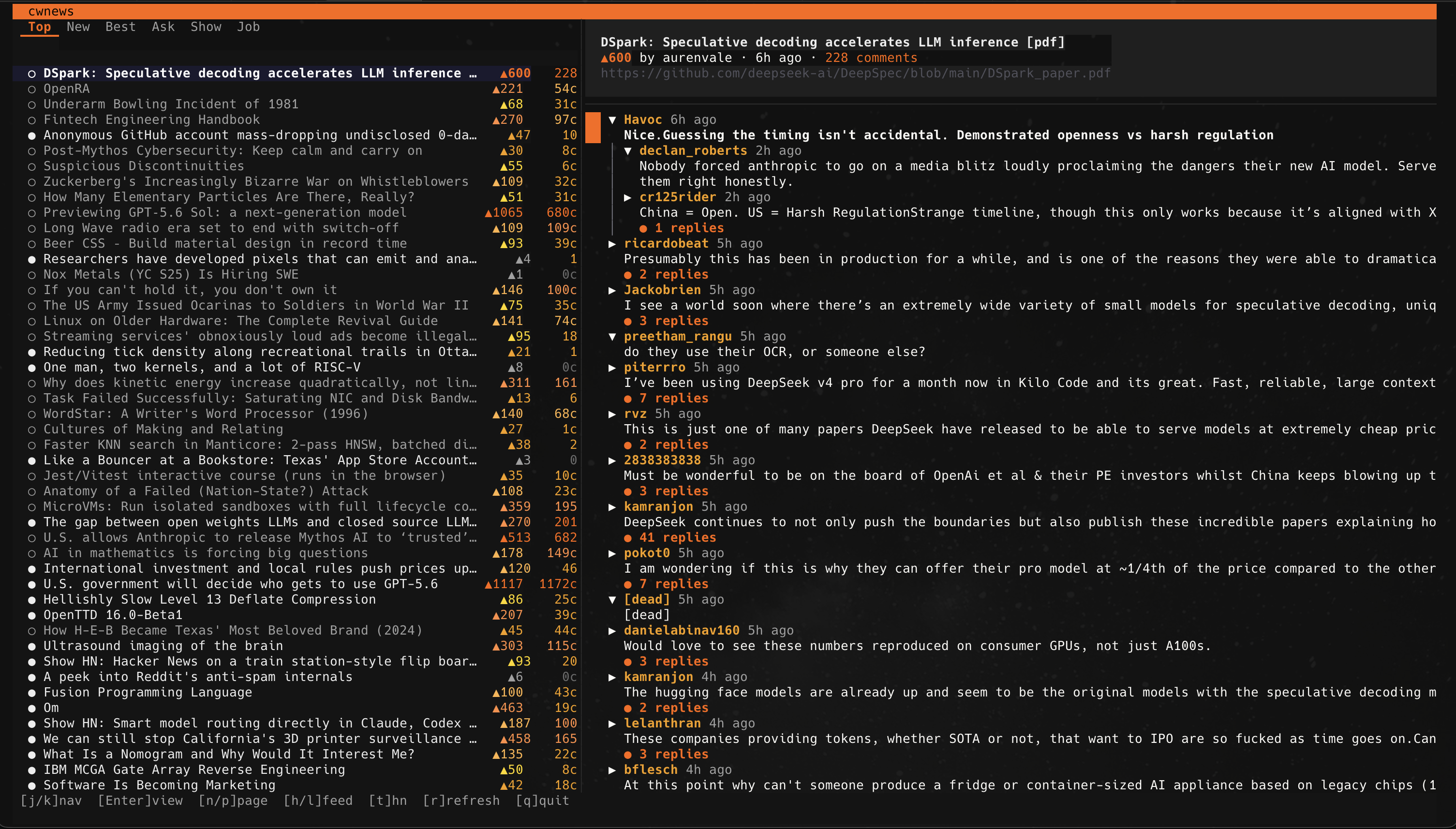 cwnews main view: left panel shows Top feed with score-colored story list and tab bar; right panel shows threaded comments with coloured depth bars, orange cursor highlight, and story metadata header
