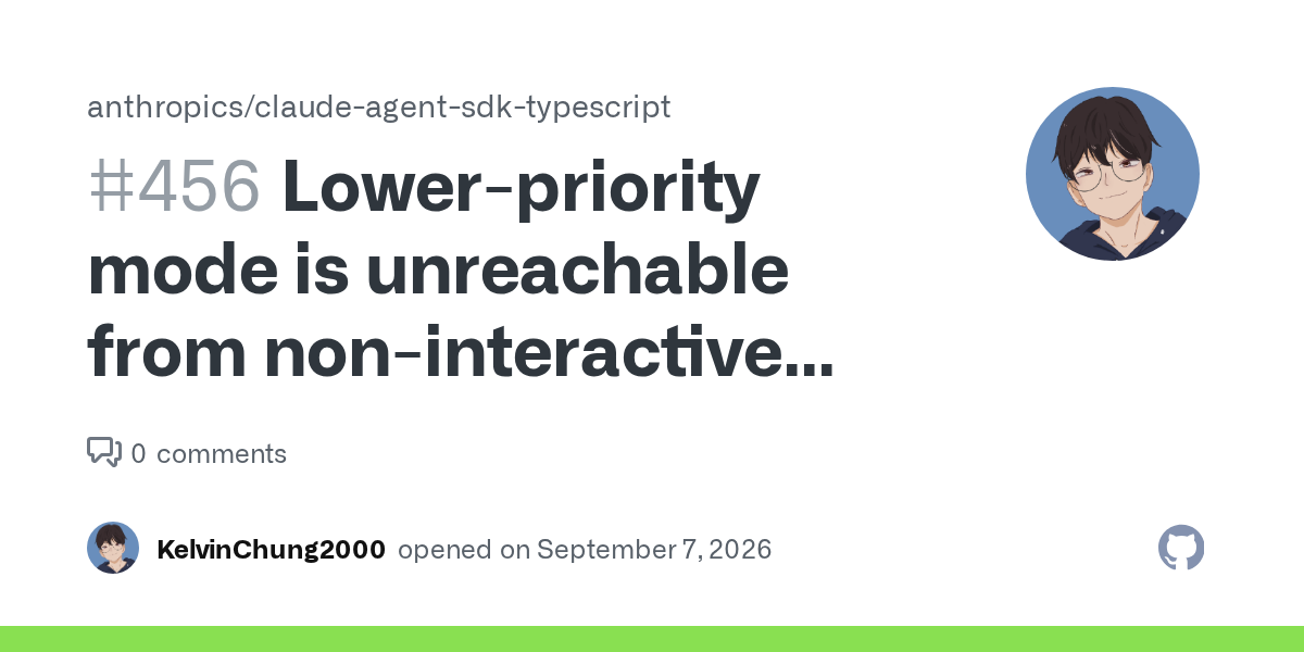 Lower-priority mode is unreachable from non-interactive and SDK sessions · Issue #456 · anthropics/claude-agent-sdk-typescript