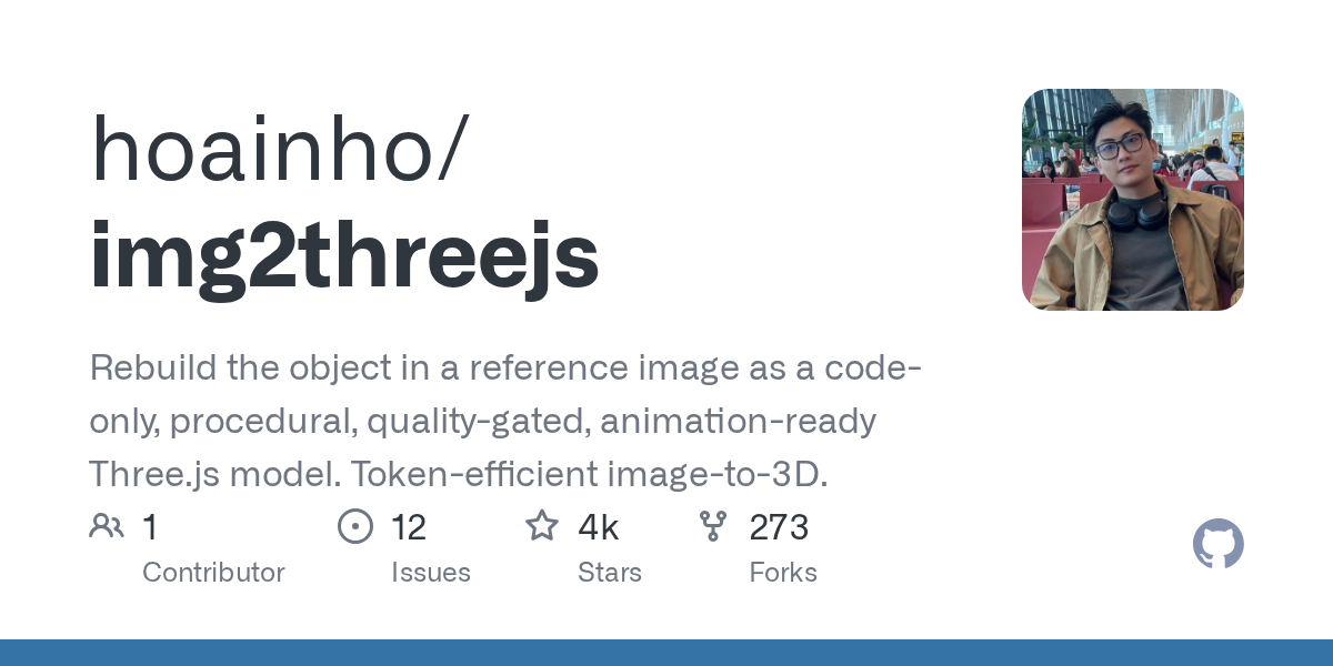 GitHub - hoainho/img2threejs: Rebuild the object in a reference image as a code-only, procedural, quality-gated, animation-ready Three.js model.