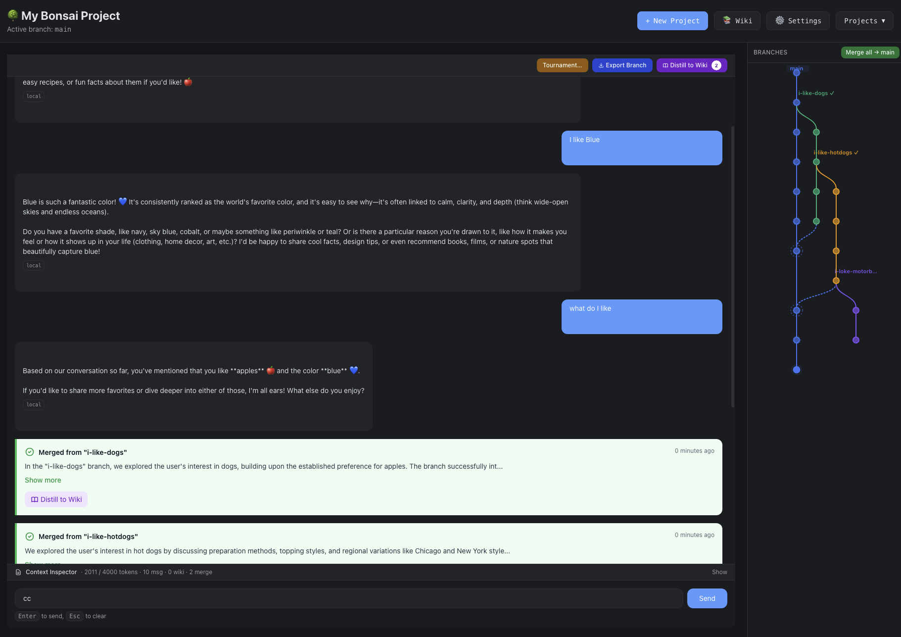 A Bonsai-based chat app showing a branch graph with main and several explored branches, some merged back with summaries.