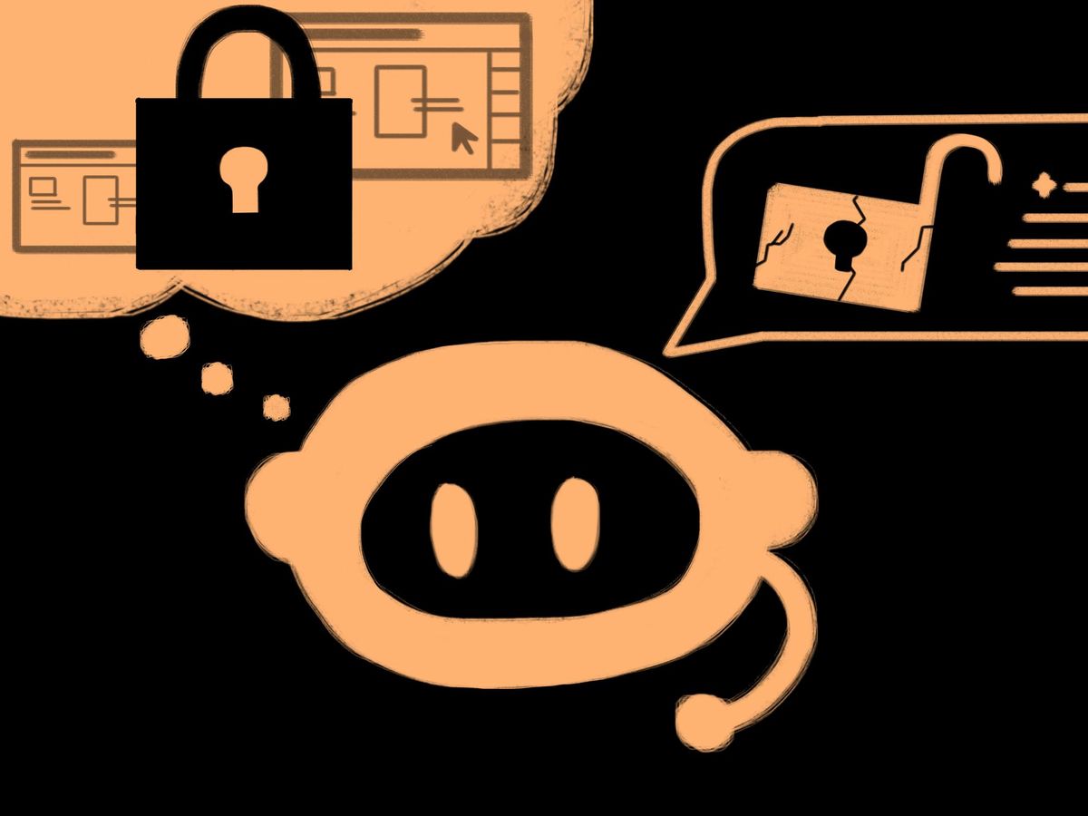 Conceptual illustration of an AI chatbot thinking about a secure website but providing information about an illegitimate URL