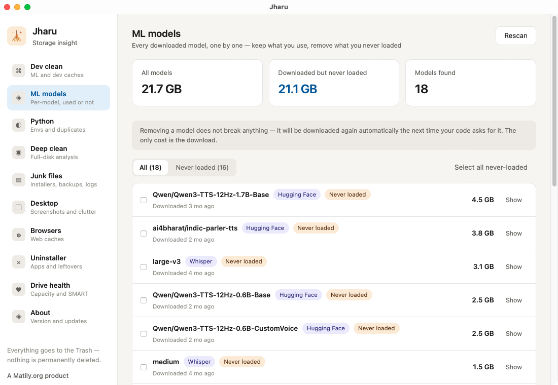 Jharu ML models tab listing individual models