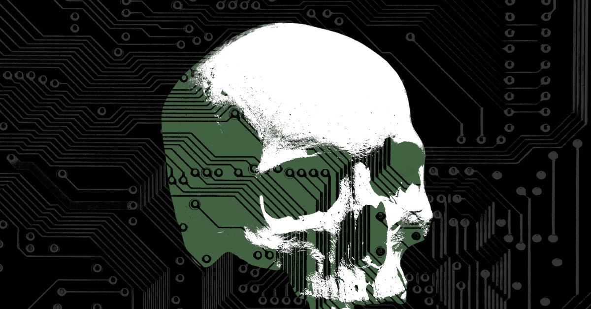 Skull with circuitboard graphic overlayed.