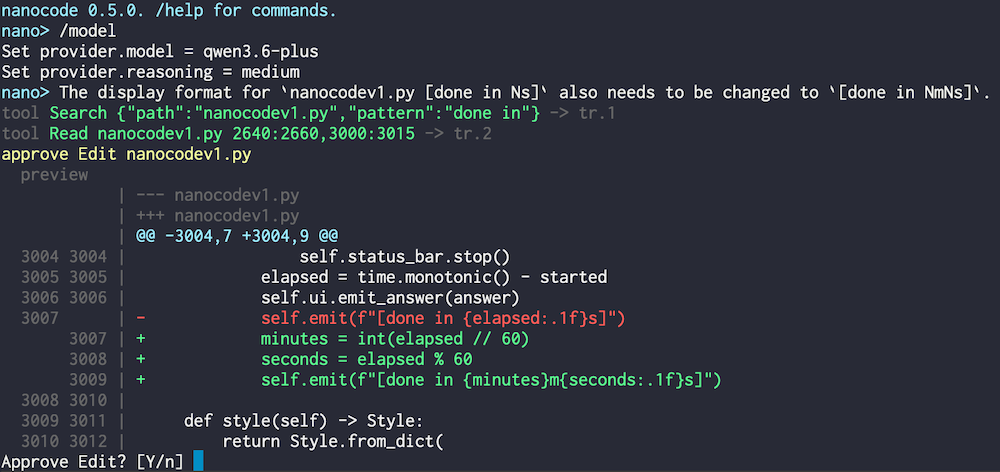 Screenshot of Nanocode terminal interface