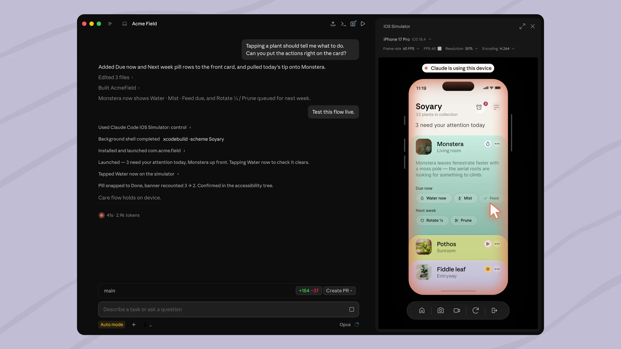 Screenshot showing Claude Code interface with iOS simulator panel