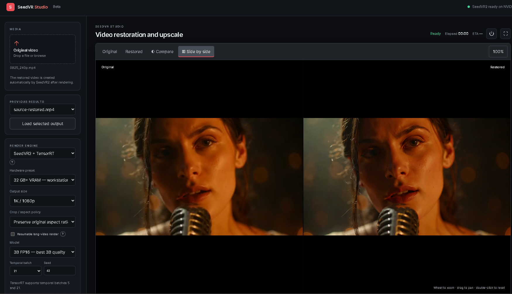 VRGDG SeedVR2 TensorRT Studio full interface