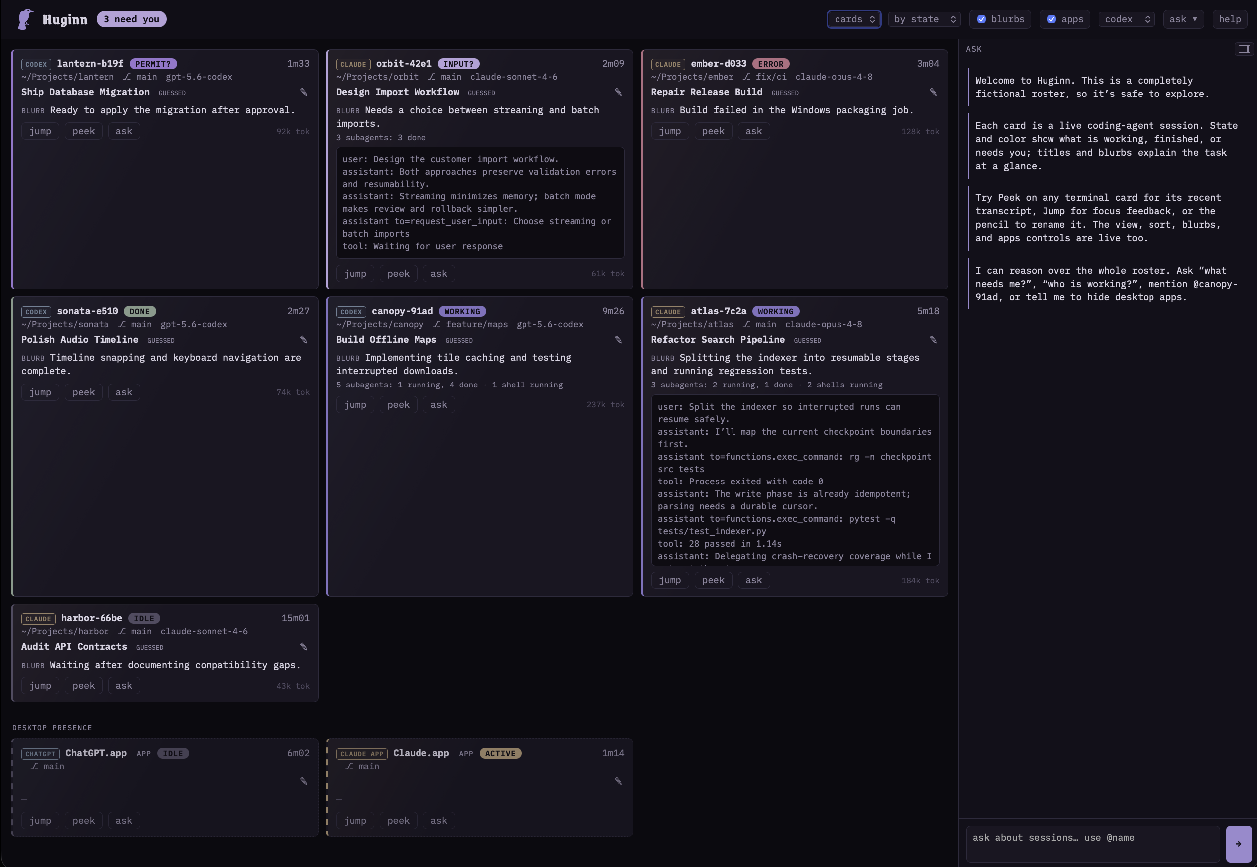 Huginn dashboard showing a fictional busy agent roster