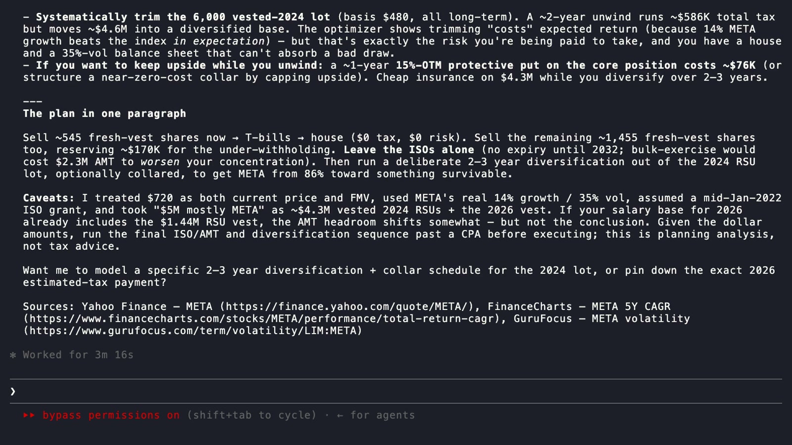 Screenshot showing a Claude Code session using OptionsAhoy MCP tools for complex equity compensation questions.