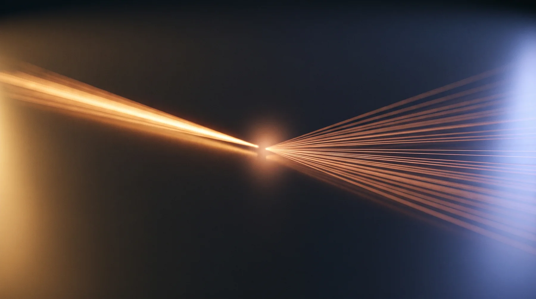 A single bright amber beam entering from the left and fanning out into dozens of thin rays across a dark blue-grey background.