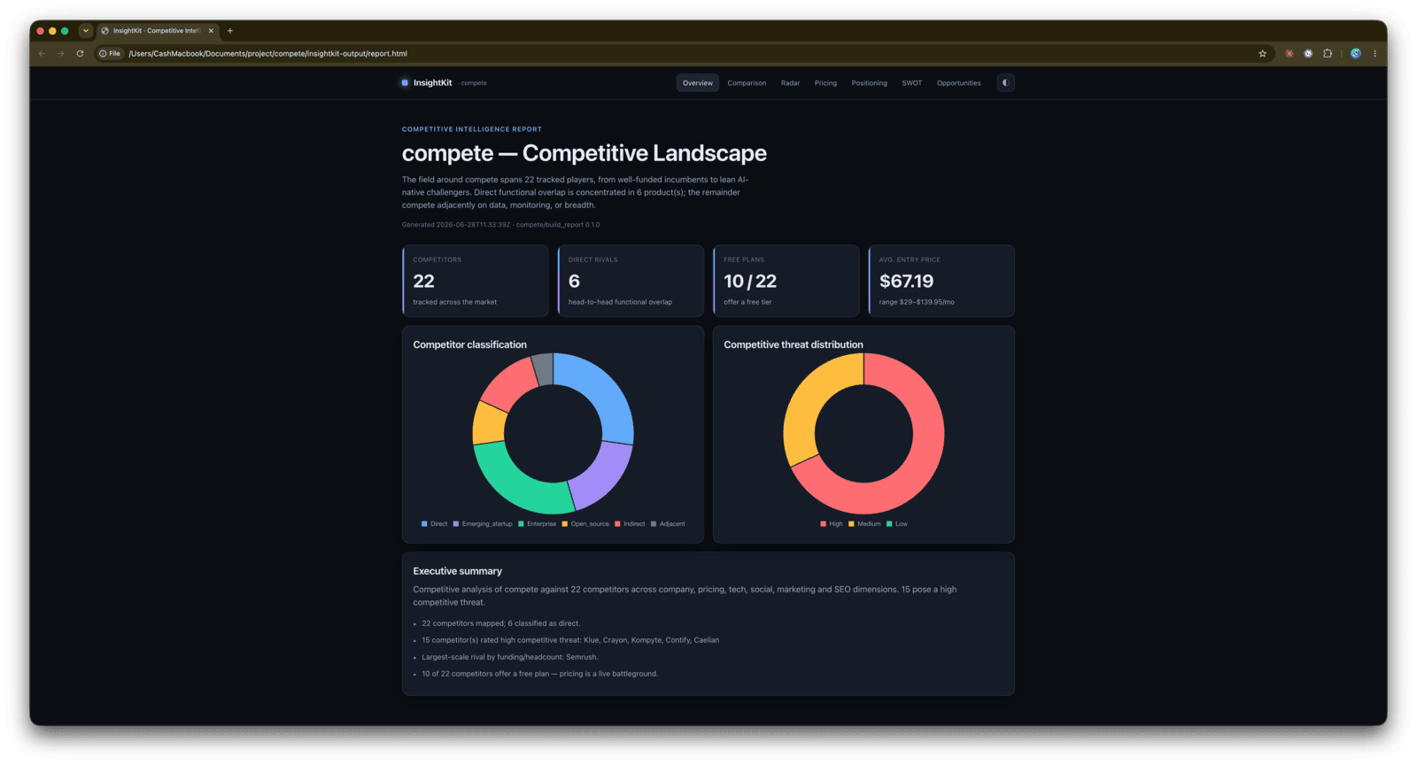 Overview dashboard with stat cards and executive summary