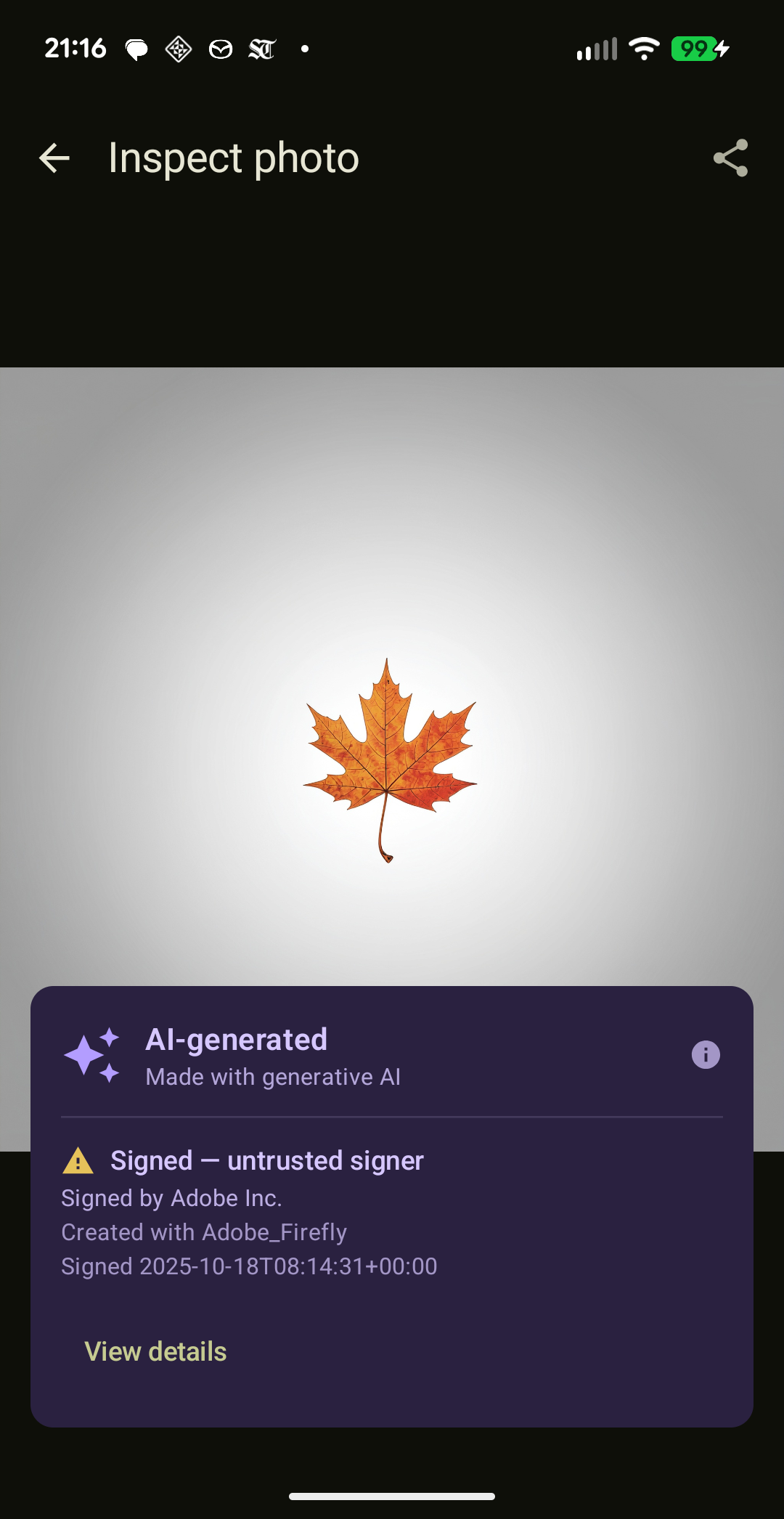 Screenshot of the C2PA Verify app inspecting an AI-generated photo