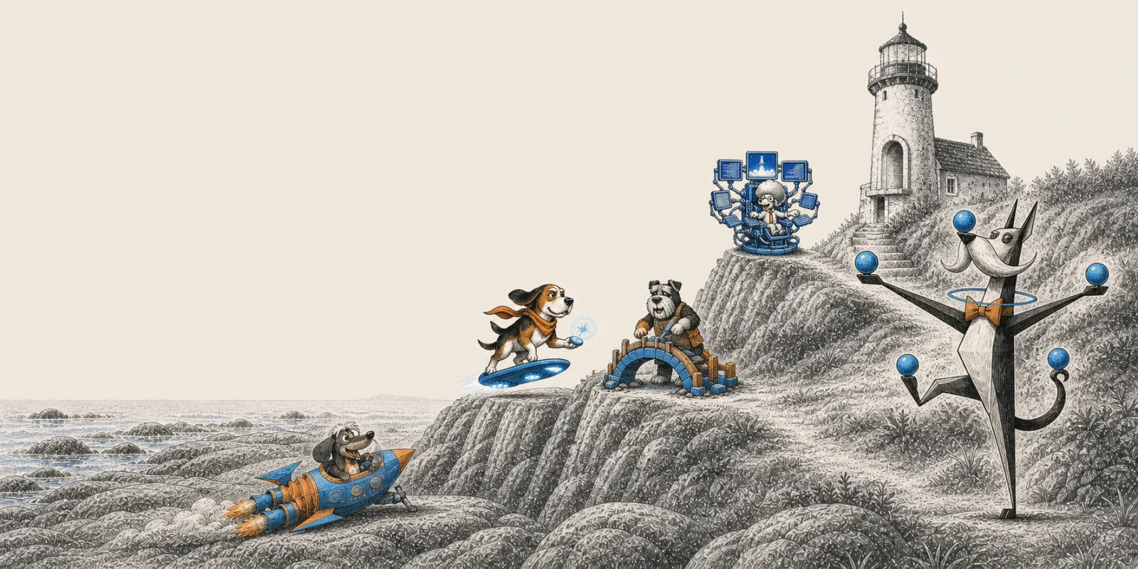 Five old dogs doing new tricks in an engraved lighthouse landscape