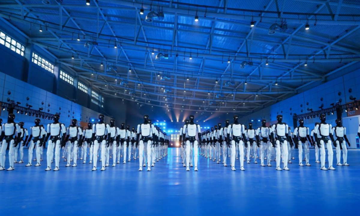110 AgiBot Expedition A3 humanoid robots performing synchronized routines at the Guinness World Record event in Jinan