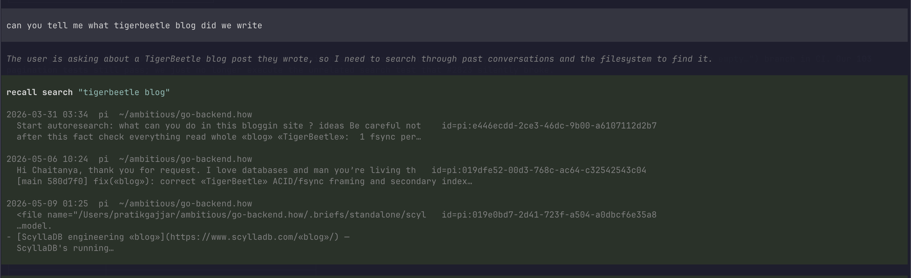 Screenshot showing recall search running inside pi extension