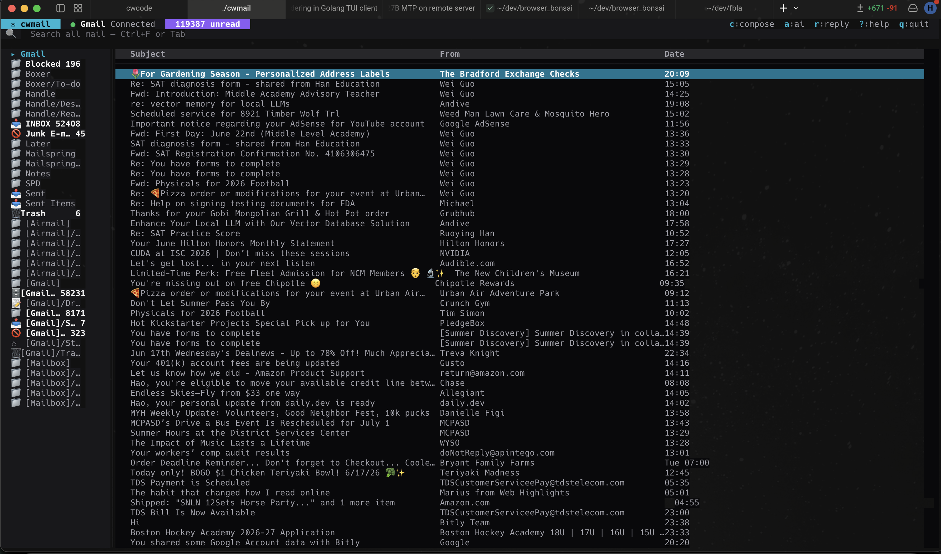 cwmail inbox view: account sidebar listing Gmail, Boxer, Handle, Inbox 19858, Junk, Sent, Trash, and several folders; main column shows email subjects, senders, and dates in a dense list