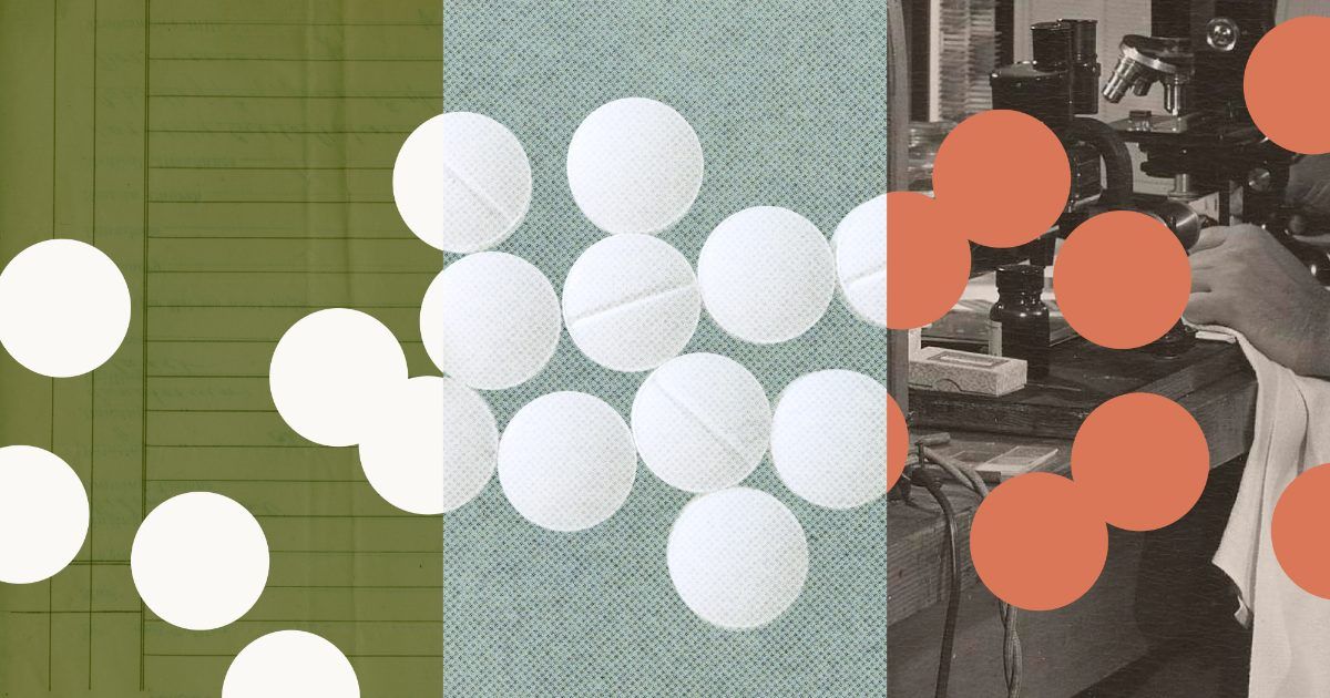 Three-panel illustration: a green ledger page with white dots, white tablets on a blue-green background, and a black-and-white photo of a scientist's hands at a microscope with orange dots.