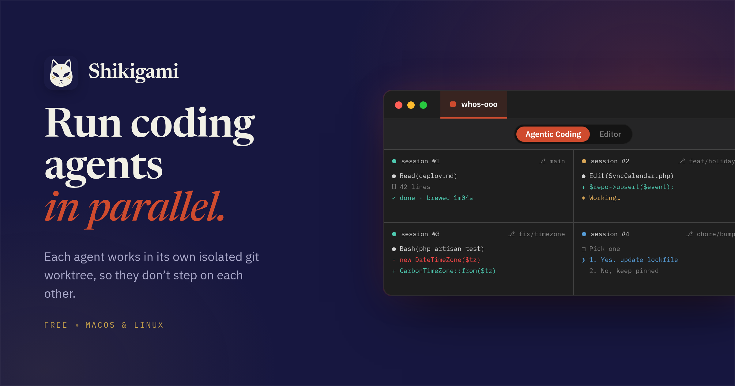 Show HN: Shikigami, run AI coding agents in parallel, each in a Git worktree