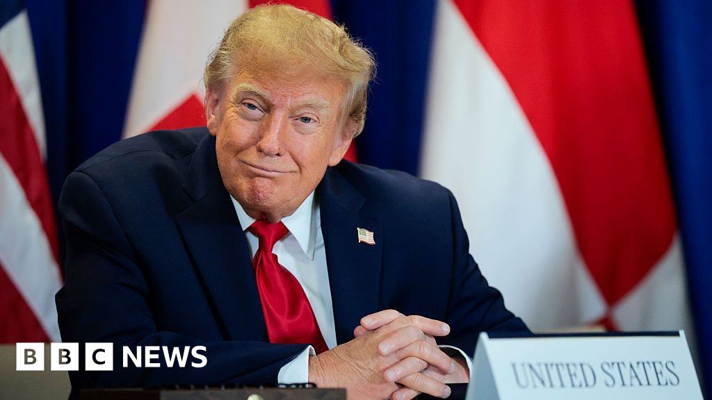 President Trump in a blue suit and red tie, which has an american flag pin badge on the jacket, sitting in front of white red and blue flag background. The word United States is in front of him