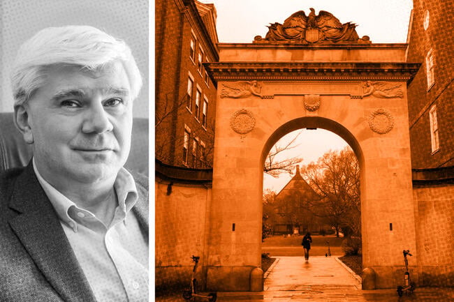 A headshot of Roberto Serrano next to an image of a gate into Brown University's campus.