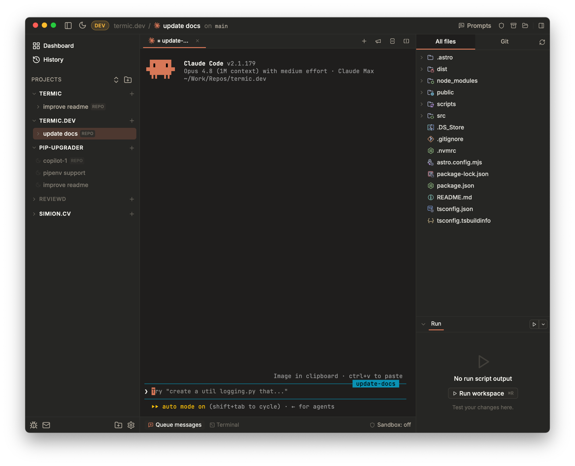 Screenshot of Termic showing a Claude Code agent running in a terminal with project sidebar