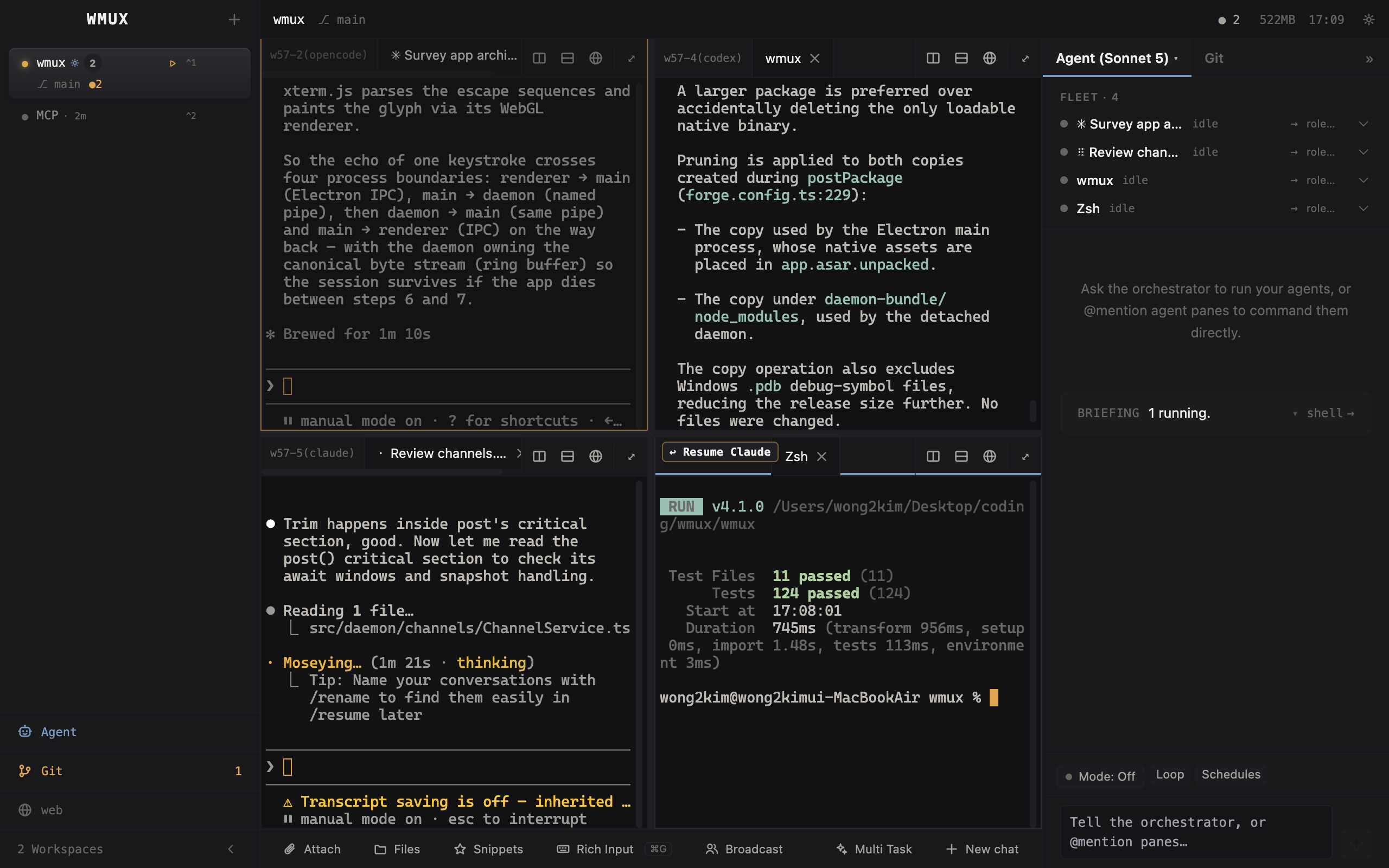 A grid showing multiple agents (Claude Code, Codex) working in parallel panes within wmux.