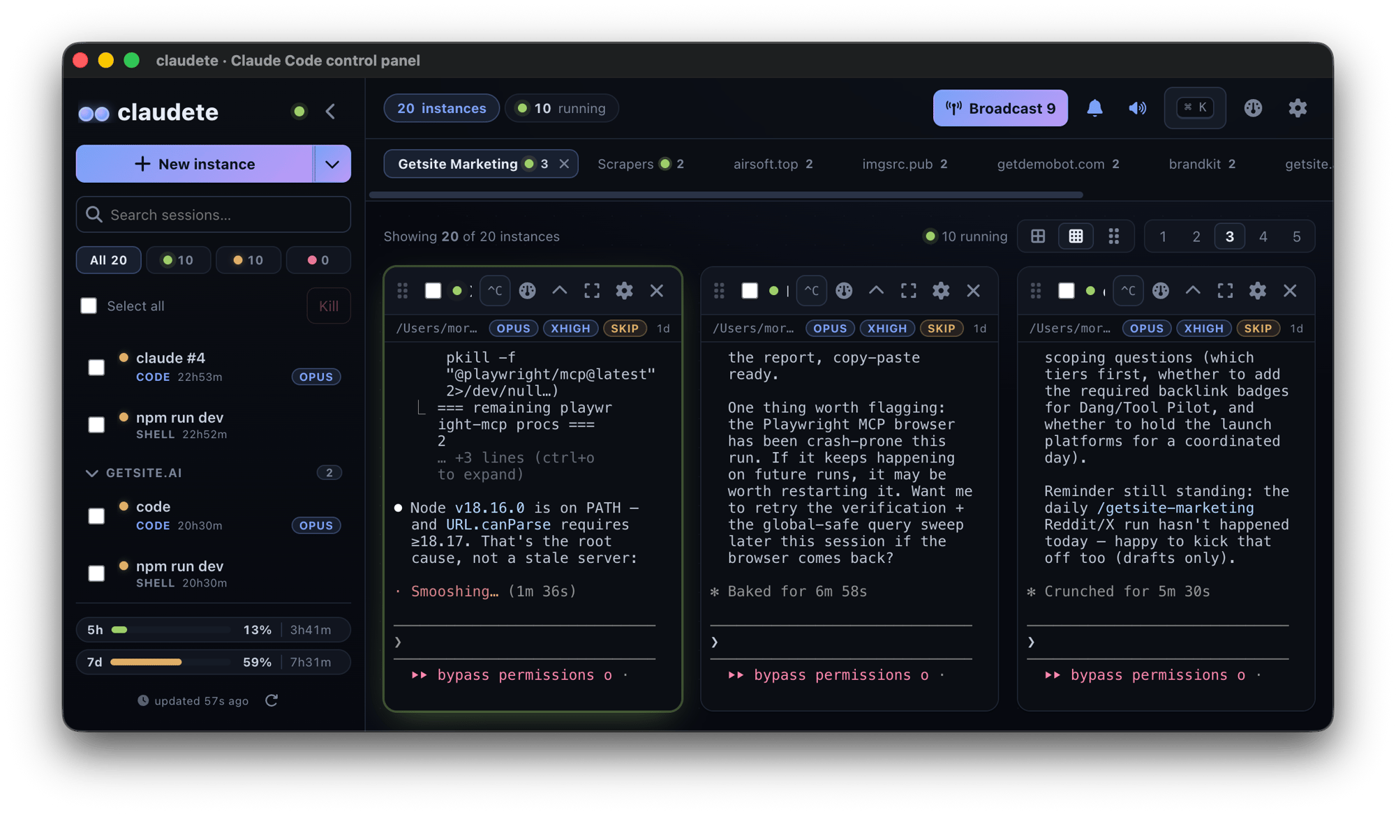 Claudete control panel showing multiple Claude Code instances